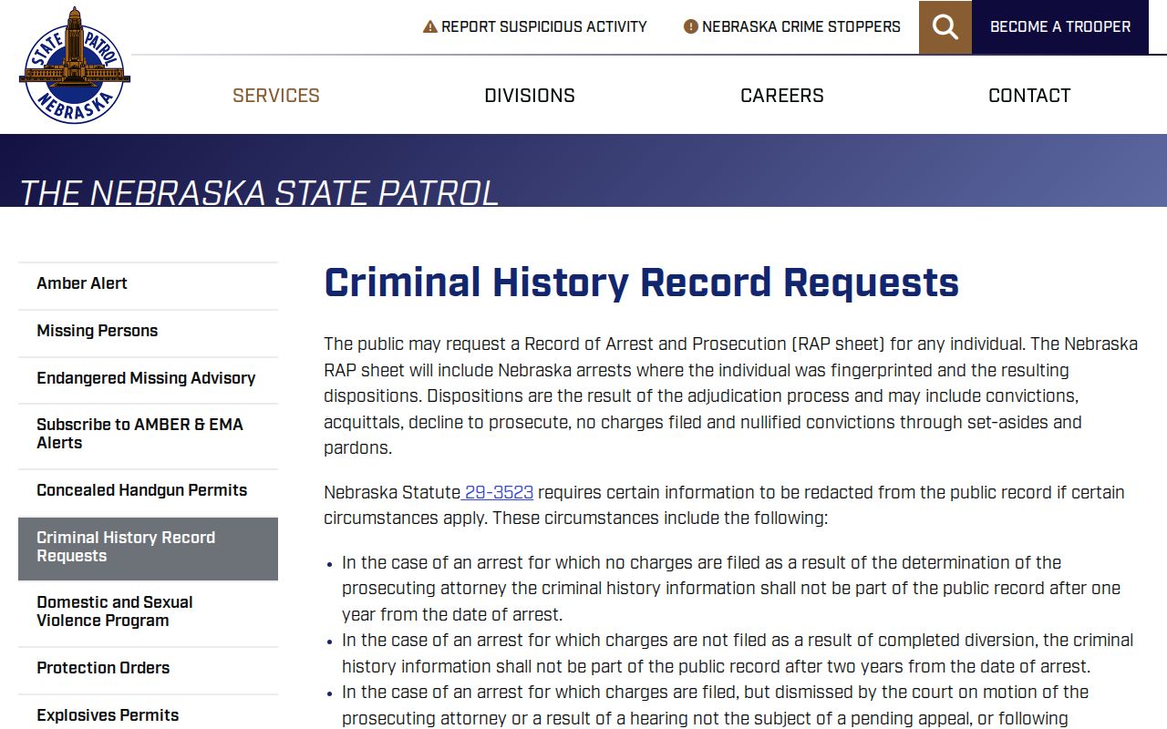 Hayes County arrest records Nebraska State Patrol request page