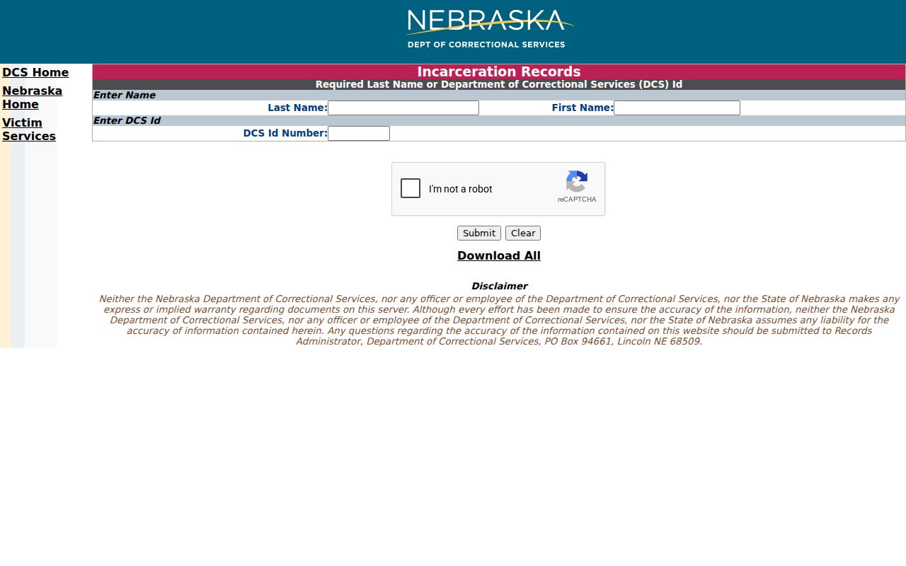 Hayes Center criminal history and NDCS inmate search fields